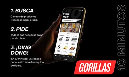 Paga 1 € y obtén 60 € de descuento repartido entre tus 4 primeros pedidos (15 € por pedido) en la app Gorillas